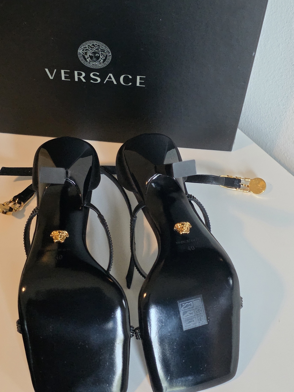 Versace Black Satin Crystal Strap High Heel Sandals - Picture 5 of 5